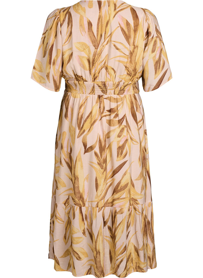 Robe midi en viscose &agrave; imprim&eacute; feuillage et taille smock&eacute;e, Jaune, Packshot image number 1