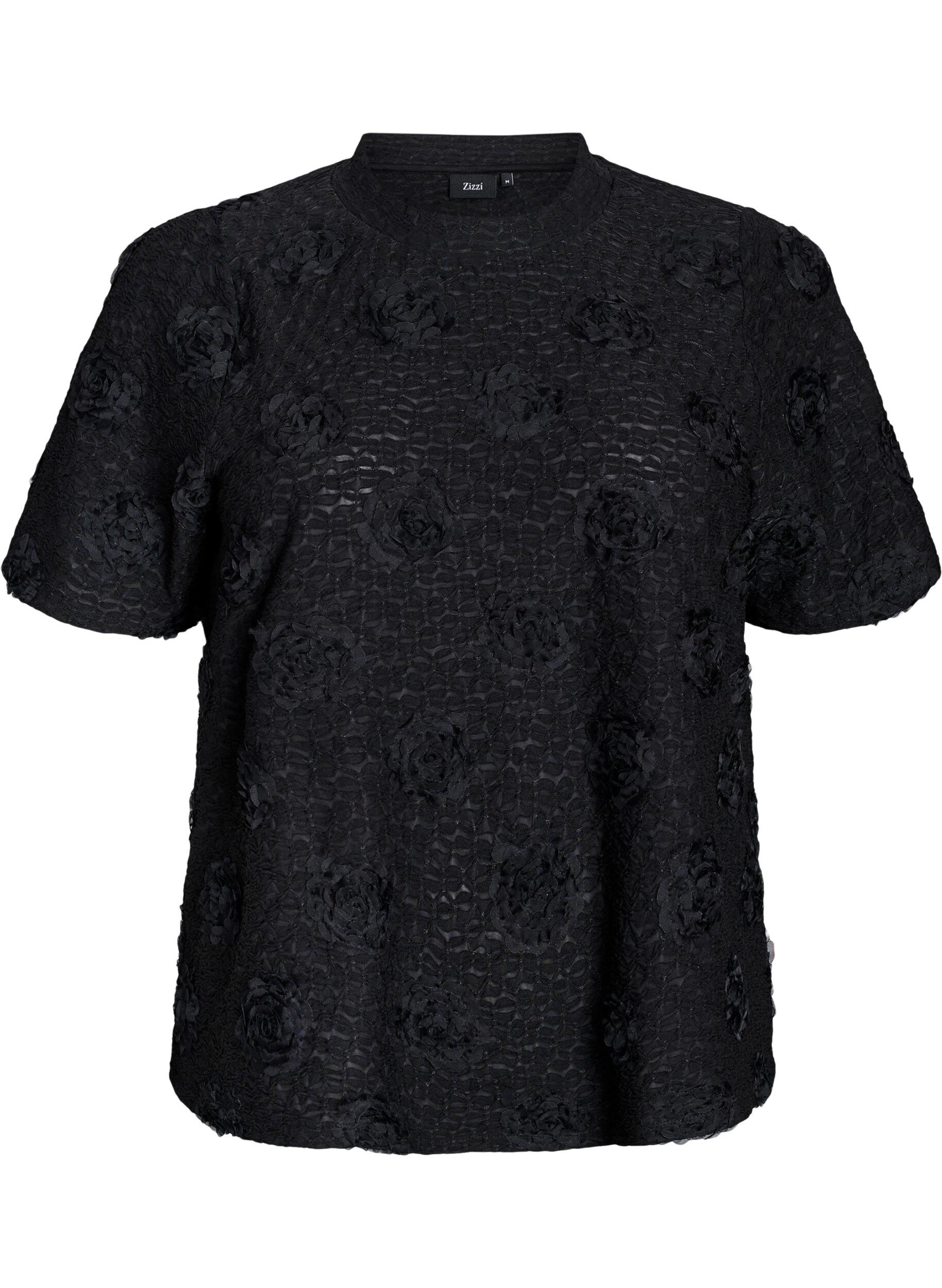 Zizzi Chemisier avec des fleurs en 3D et des manches courtes, Noir, Packshot image number 0