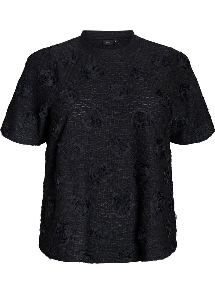 Chemisier avec des fleurs en 3D et des manches courtes, Noir, Packshot image number 0