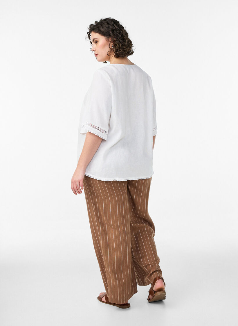 Pantalon large en lin et viscose, Marron, Model image number 1