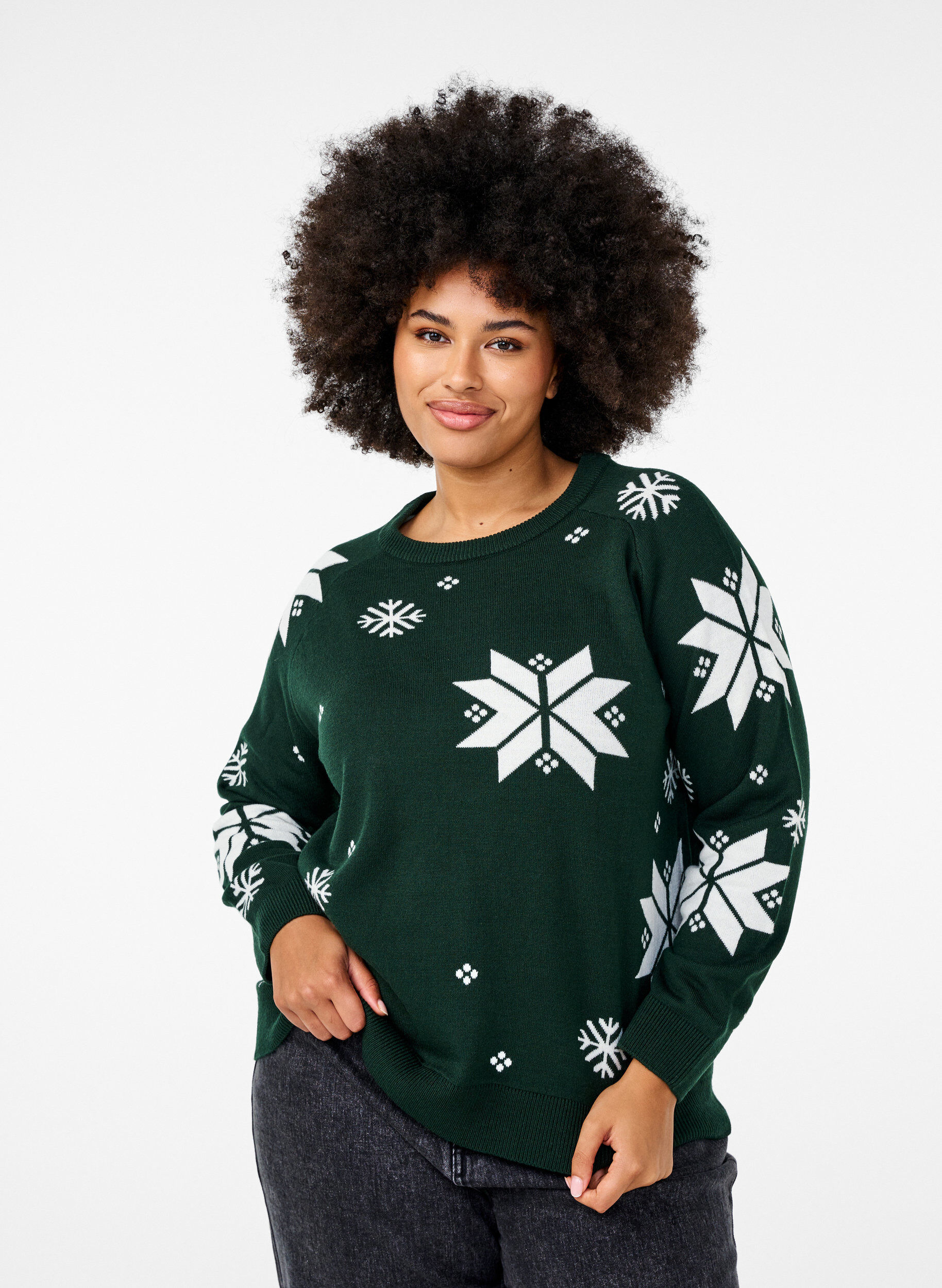 Zizzi Pull tricot&eacute; avec des flocons de neige, Vert, Model image number 0