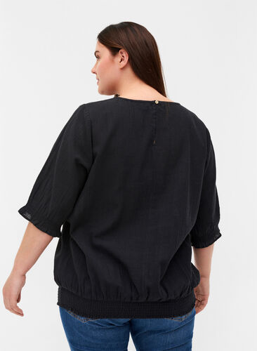 Blouse en coton à manches courtes avec smock, Black, Model image number 1