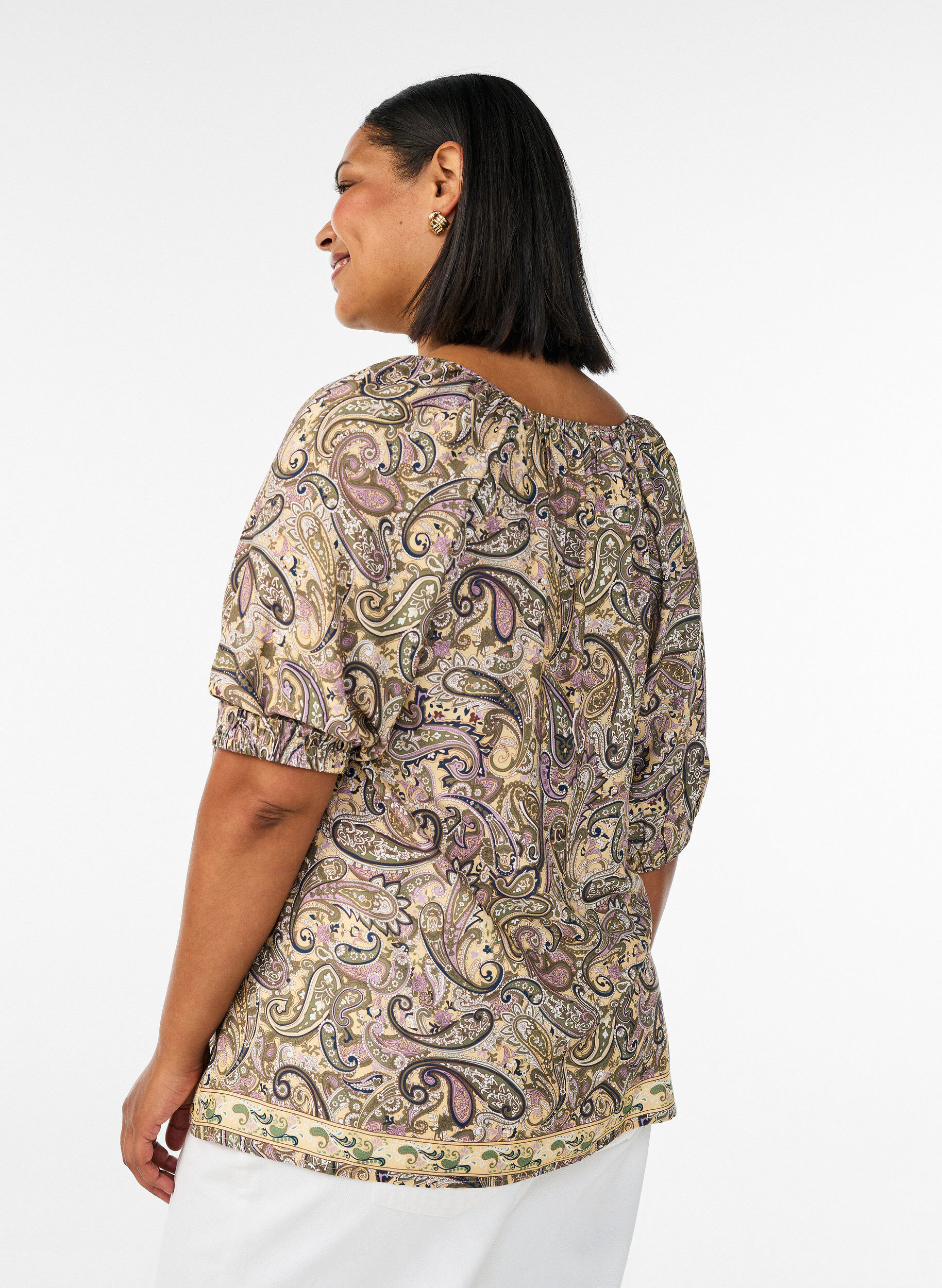 ZizziBlouse en viscose avec imprim&eacute; cachemire et lien &agrave; nouer, Jaune, Model image number 2