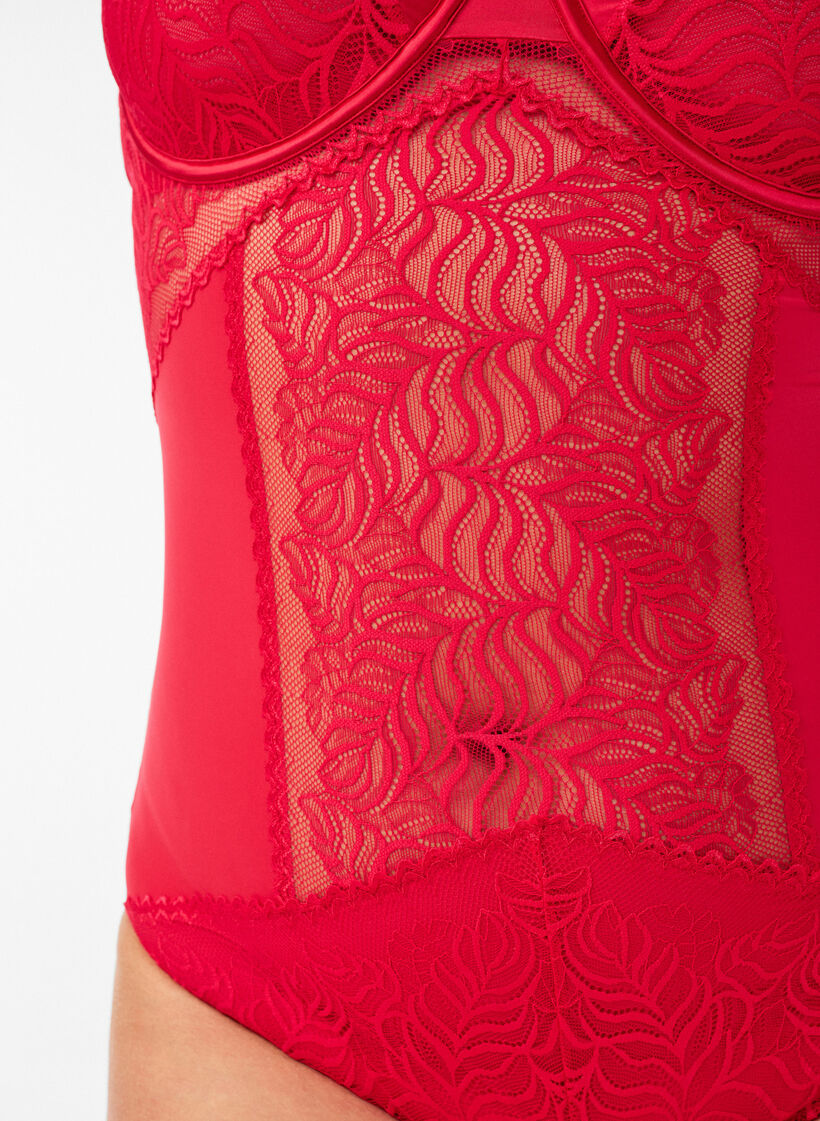 Body avec d&eacute;tails en dentelle et satin, Rouge, Model image number 2