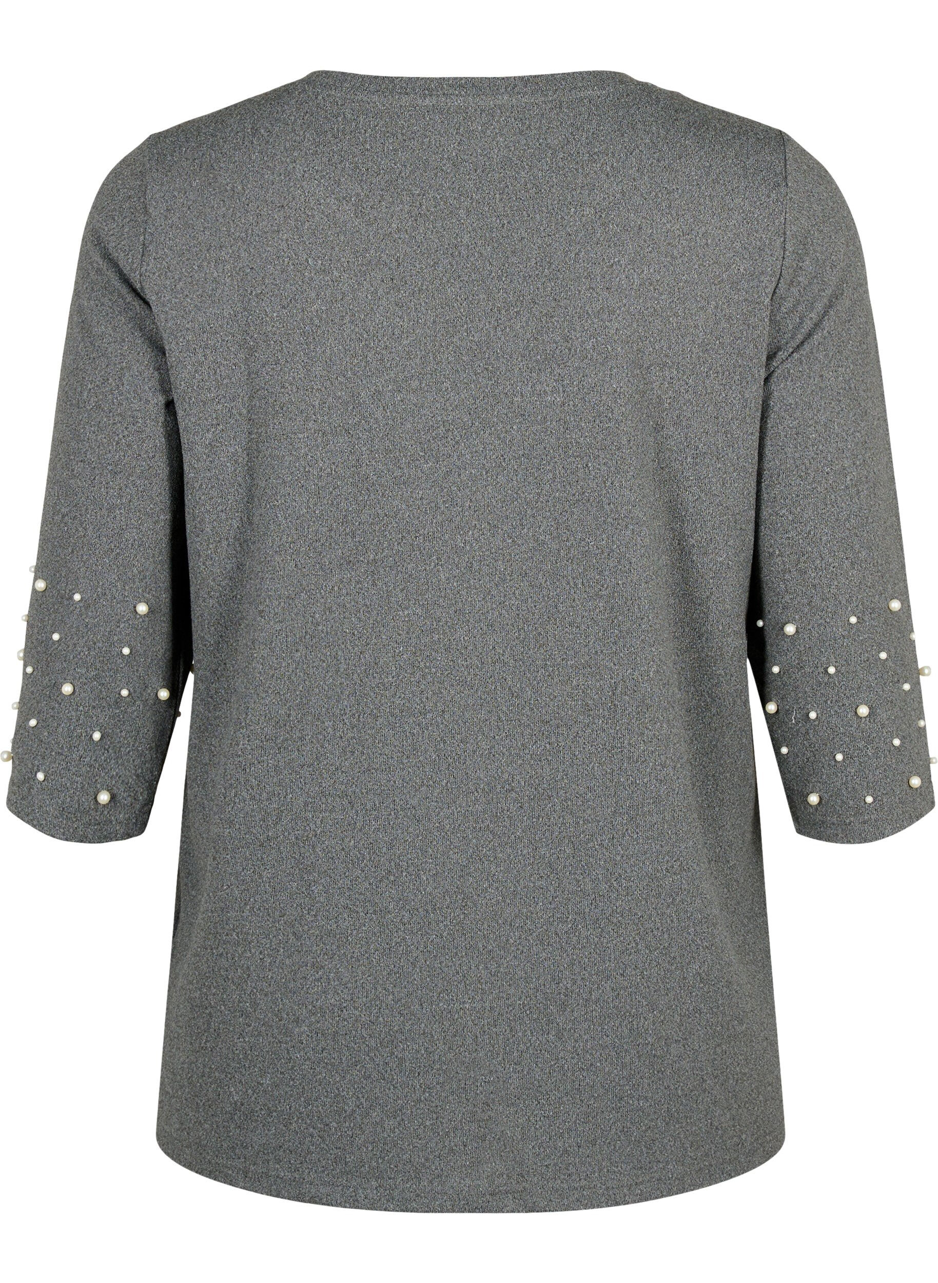 Zizzi Blouse avec perles et manches 3/4, Dark Grey Melange, Packshot image number 1