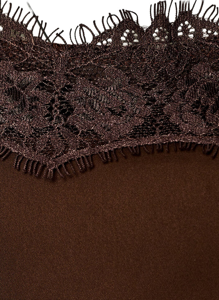Haut long en satin bord&eacute; de dentelle, Marron, Packshot image number 2