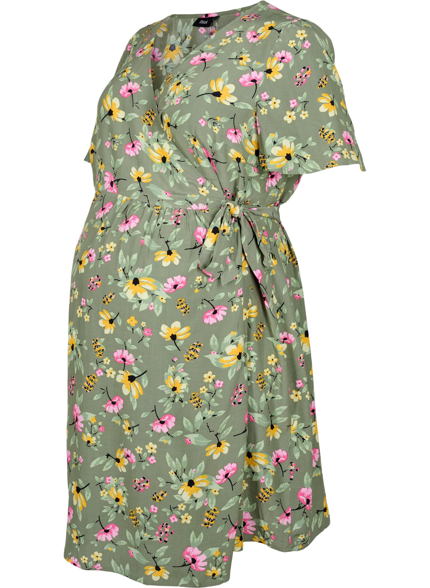 Zizzi Robe de maternit&eacute; en viscose avec cache-c&oelig;ur, Green Flower Print, Packshot image number 0
