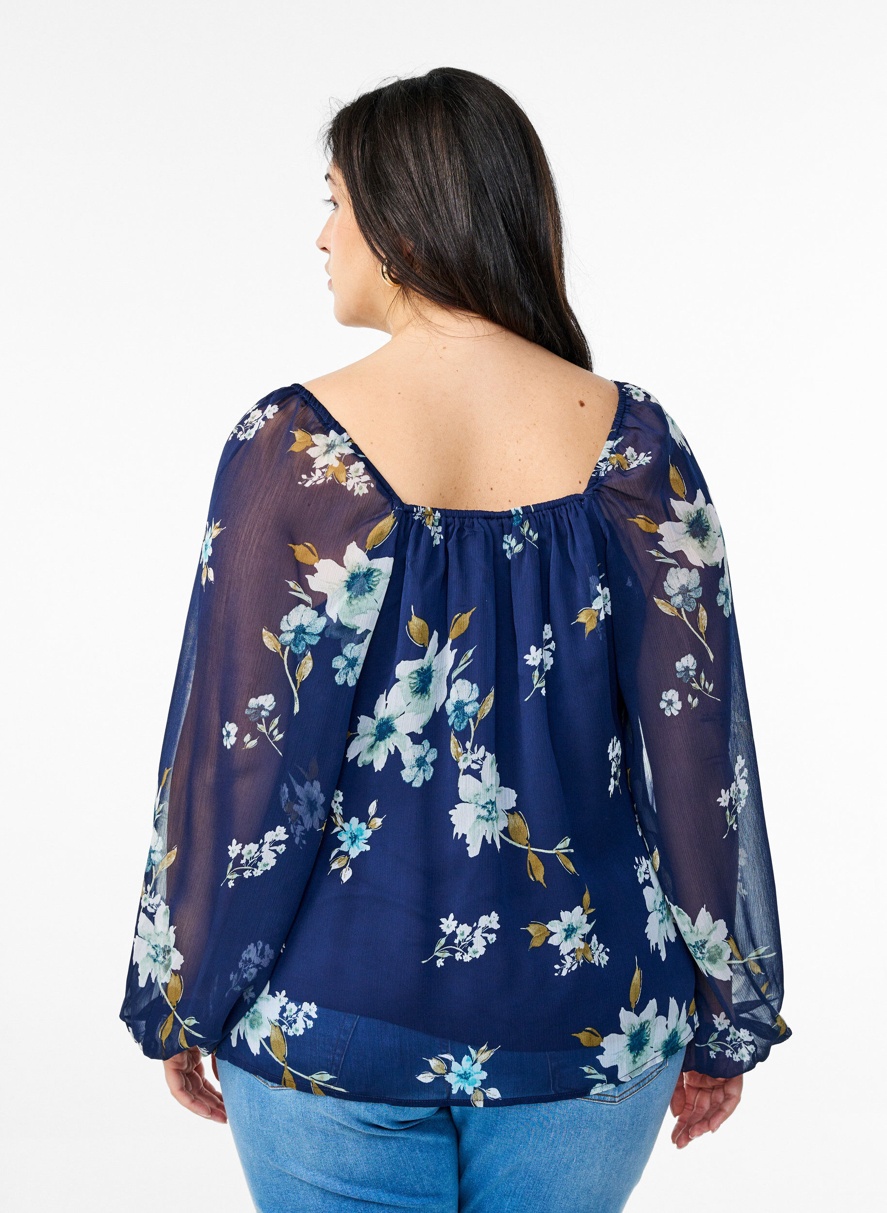ZizziChemisier en mousseline avec imprim&eacute; floral et manches longues, Bleu, Model image number 2