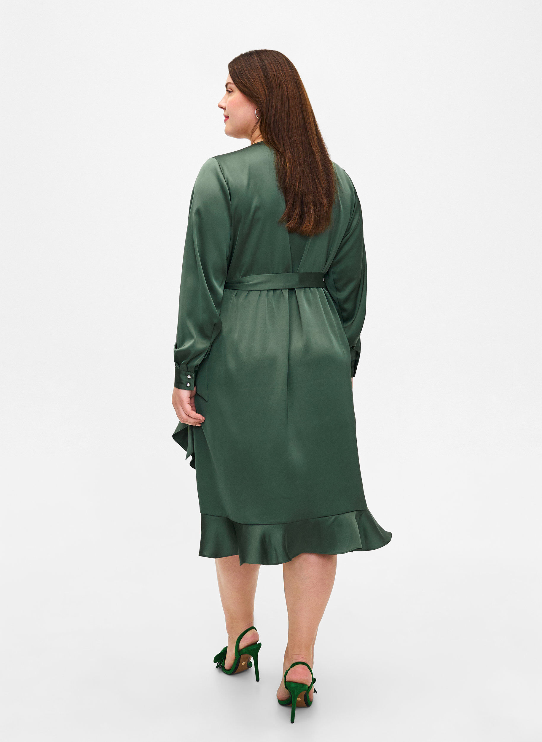 Zizzi Robe portefeuille en satin &agrave; manches longues, Duck Green, Model image number 1