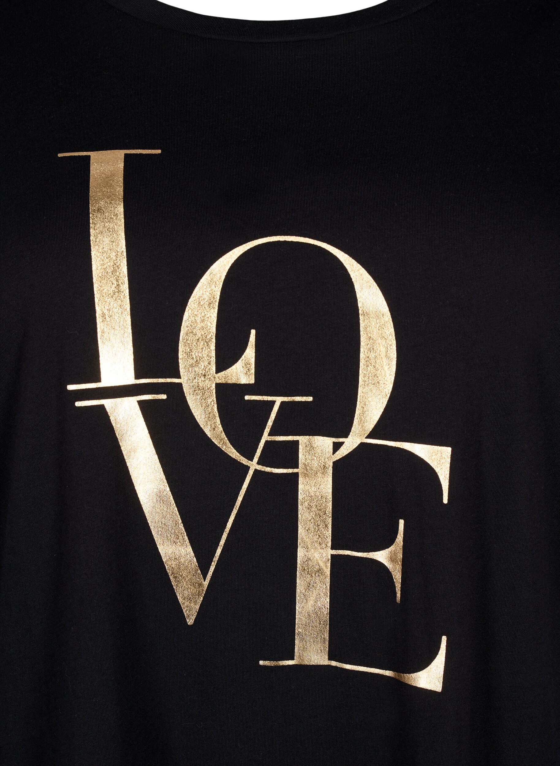 Zizzi T-shirt en coton avec texte dor&eacute;, Black w. Gold Love, Packshot image number 2