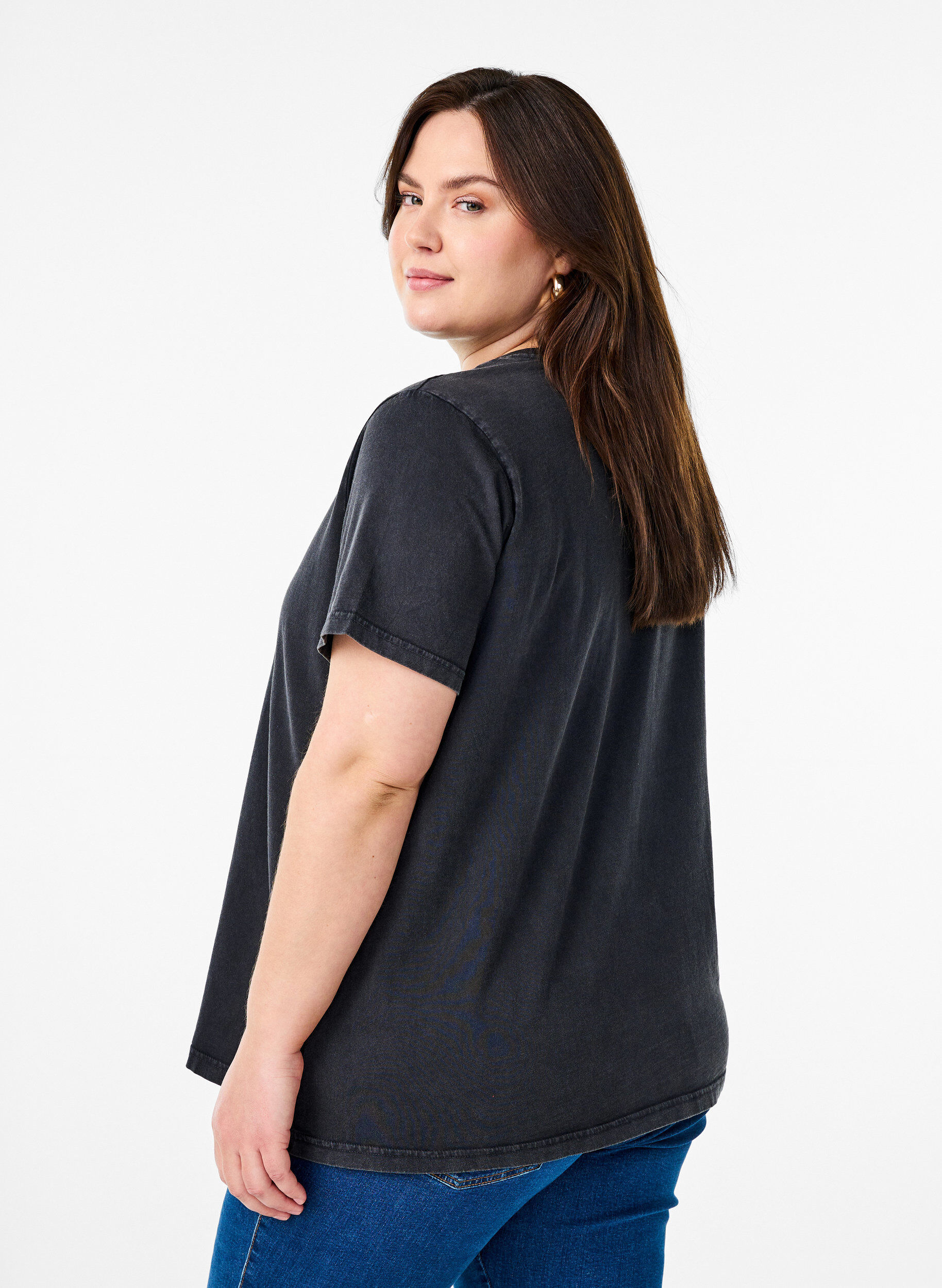 Zizzi T-shirt en coton biologique avec une impression cool, Gris, Model image number 2