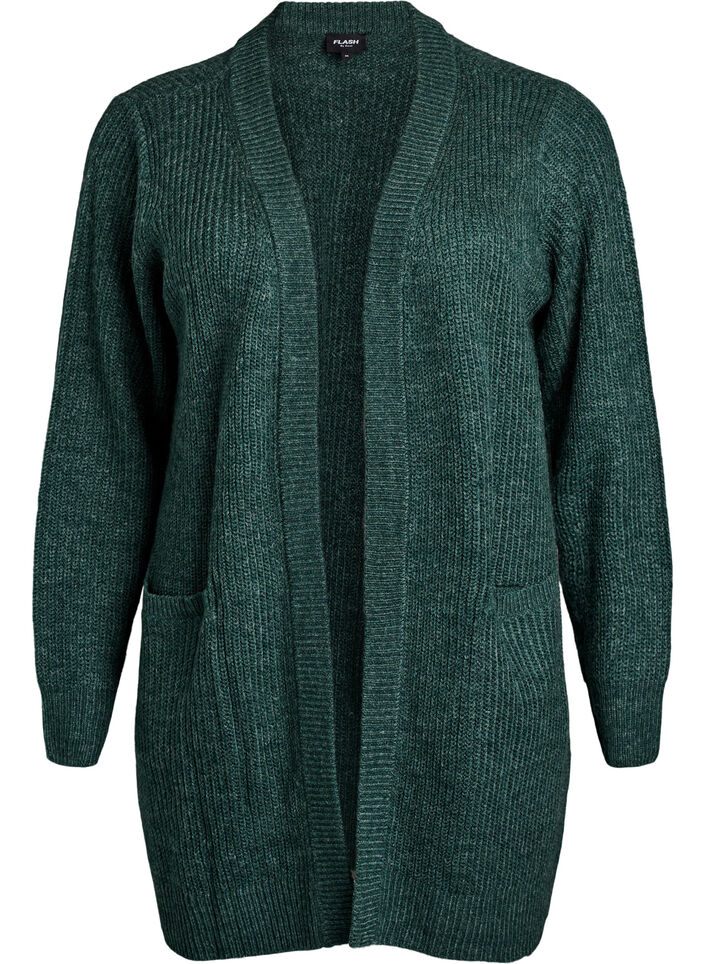 FLASH - Cardigan long en maille côtelée avec poches, Vert foncé, Packshot image number 0