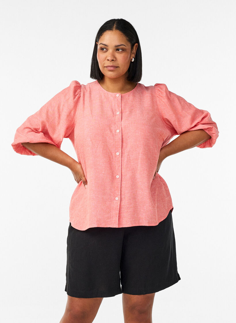 Short taille haute en lin et viscose, Noir, Model image number 0