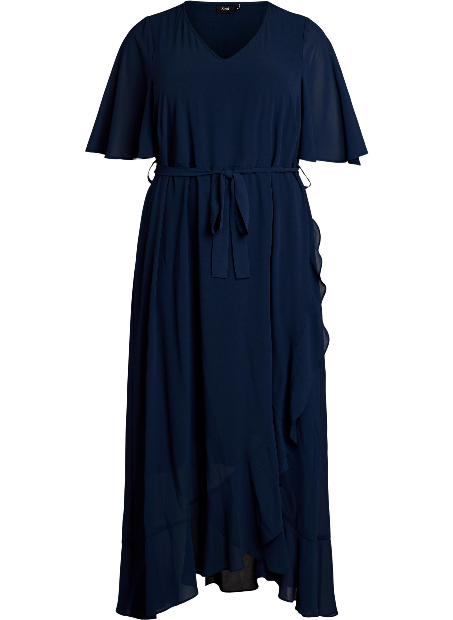 Robe longue en mousseline avec d&eacute;collet&eacute; en V et ourlet &agrave; volants