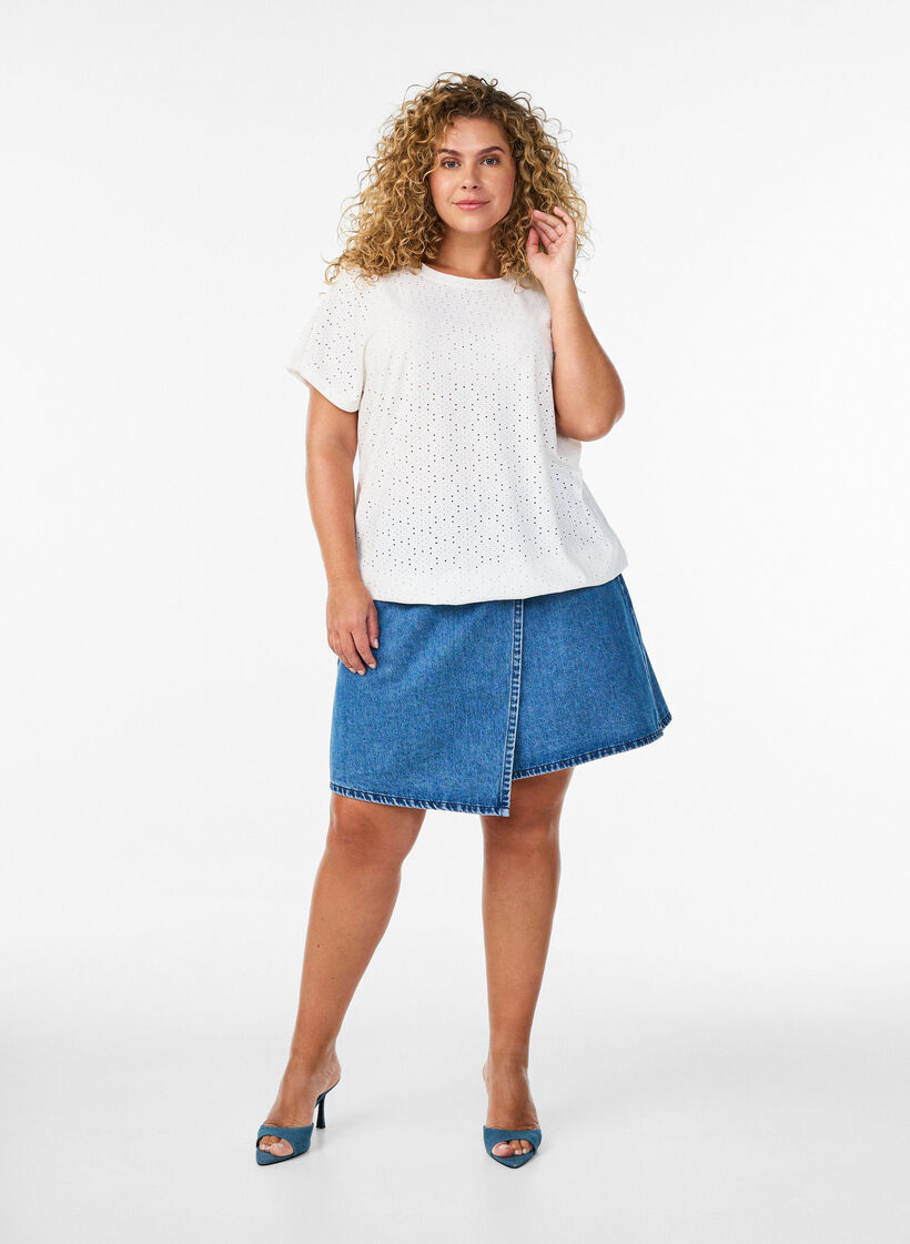 Blouse avec broderie ajour&eacute;e et effet ballon, Blanc, Model image number 1