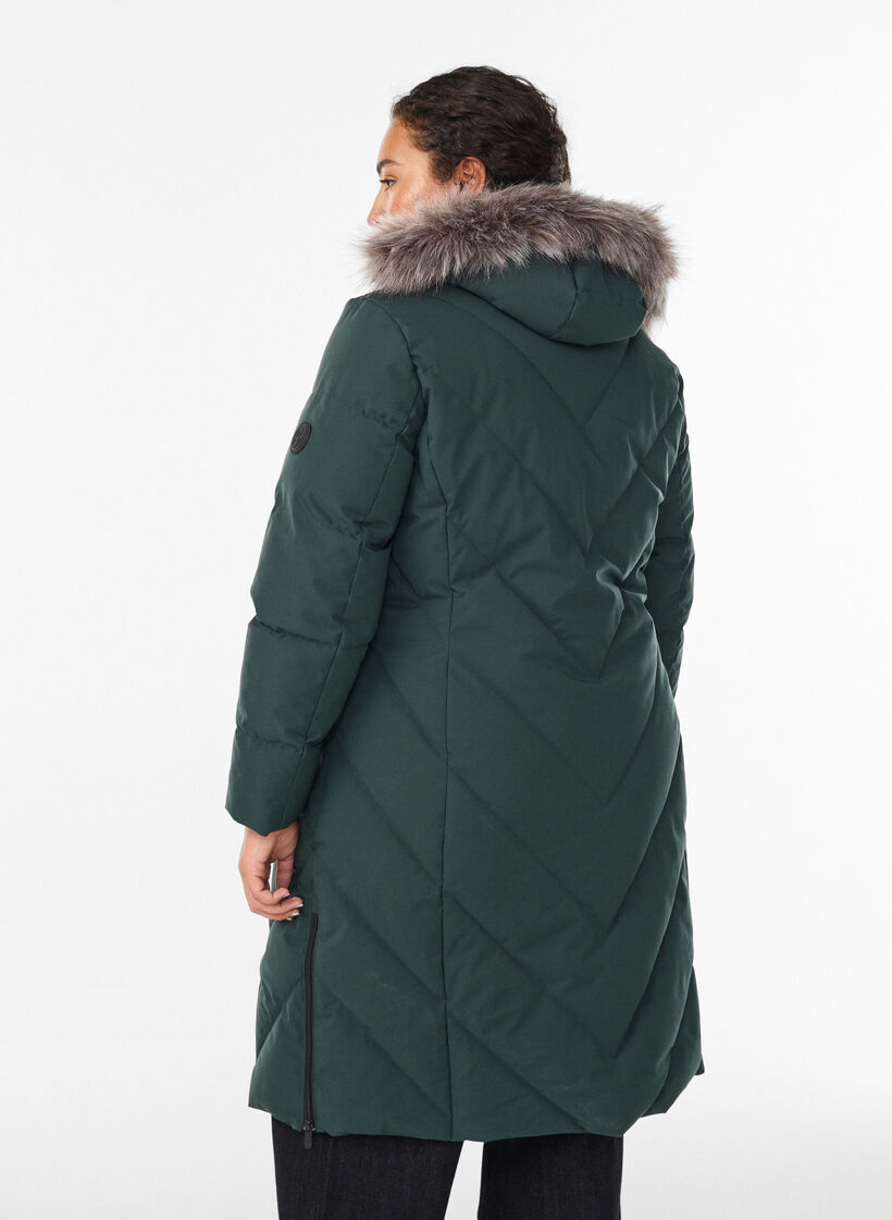 Long manteau d'hiver à fermeture à attaches et col en fausse fourrure, Vert foncé, Model image number 2