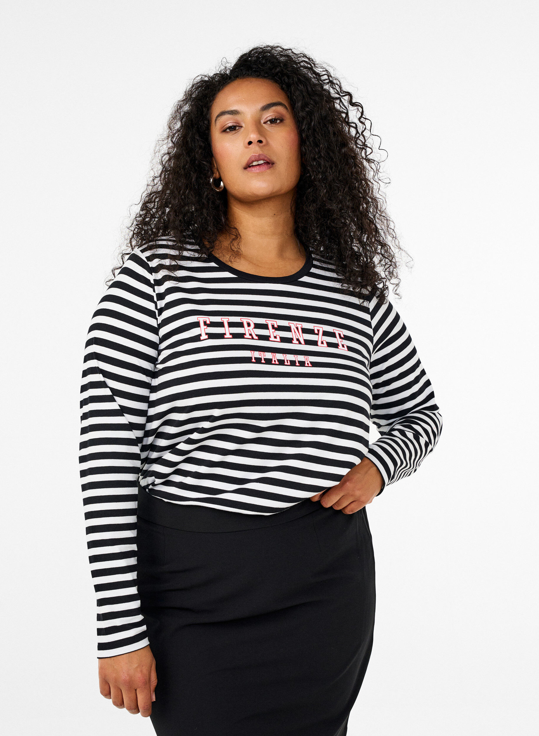Zizzi Chemisier &agrave; rayures et motif, White w.Black Stripe, Model image number 0
