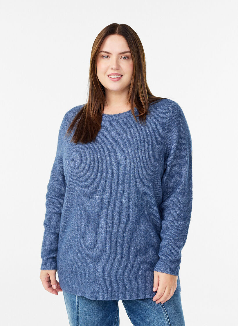 Blouse en maille chin&eacute;e &agrave; col rond, Bleu, Model image number 0