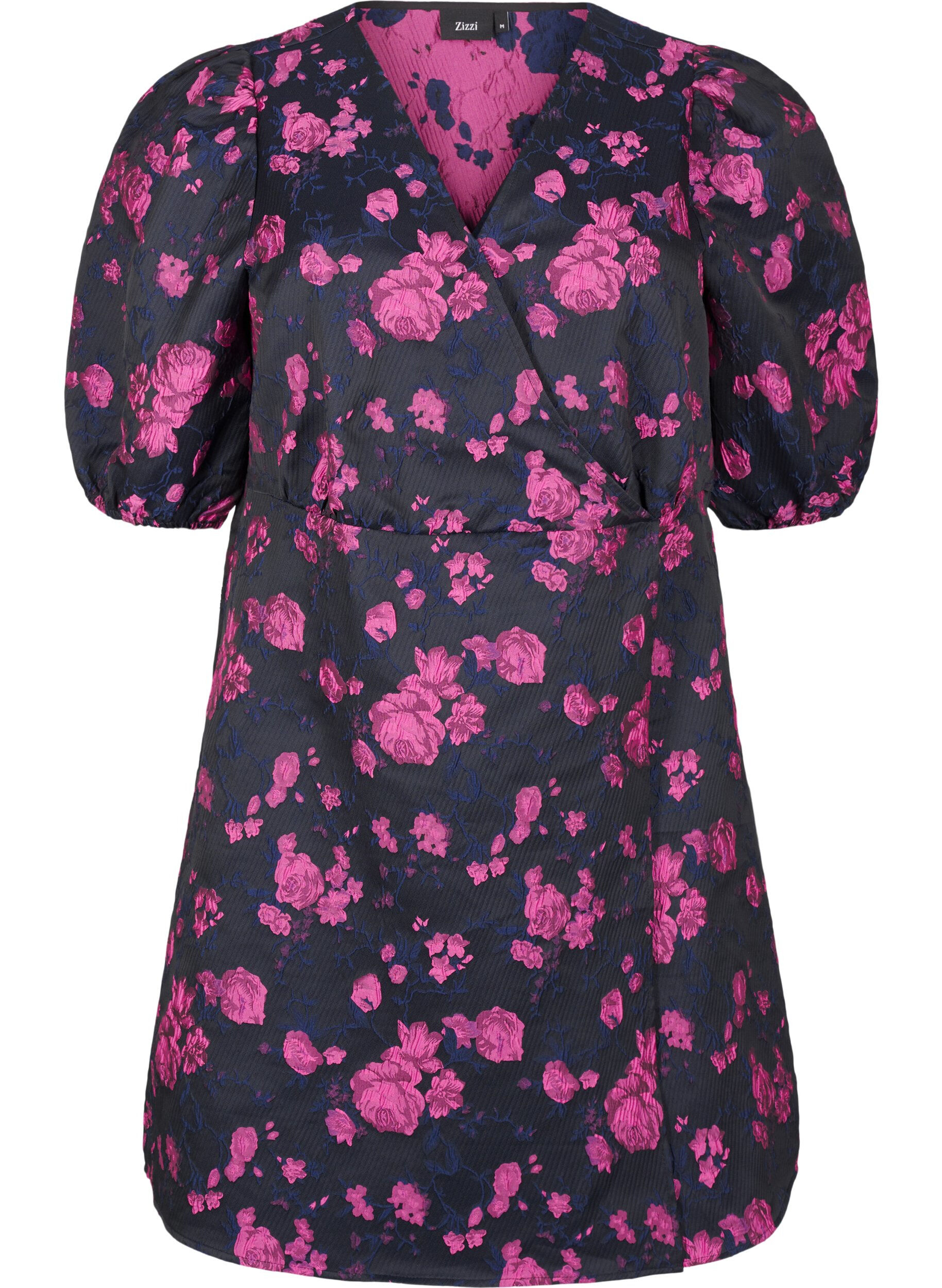 Zizzi Robe portefeuille courte en jacquard, Black w. Red Rose, Packshot image number 0