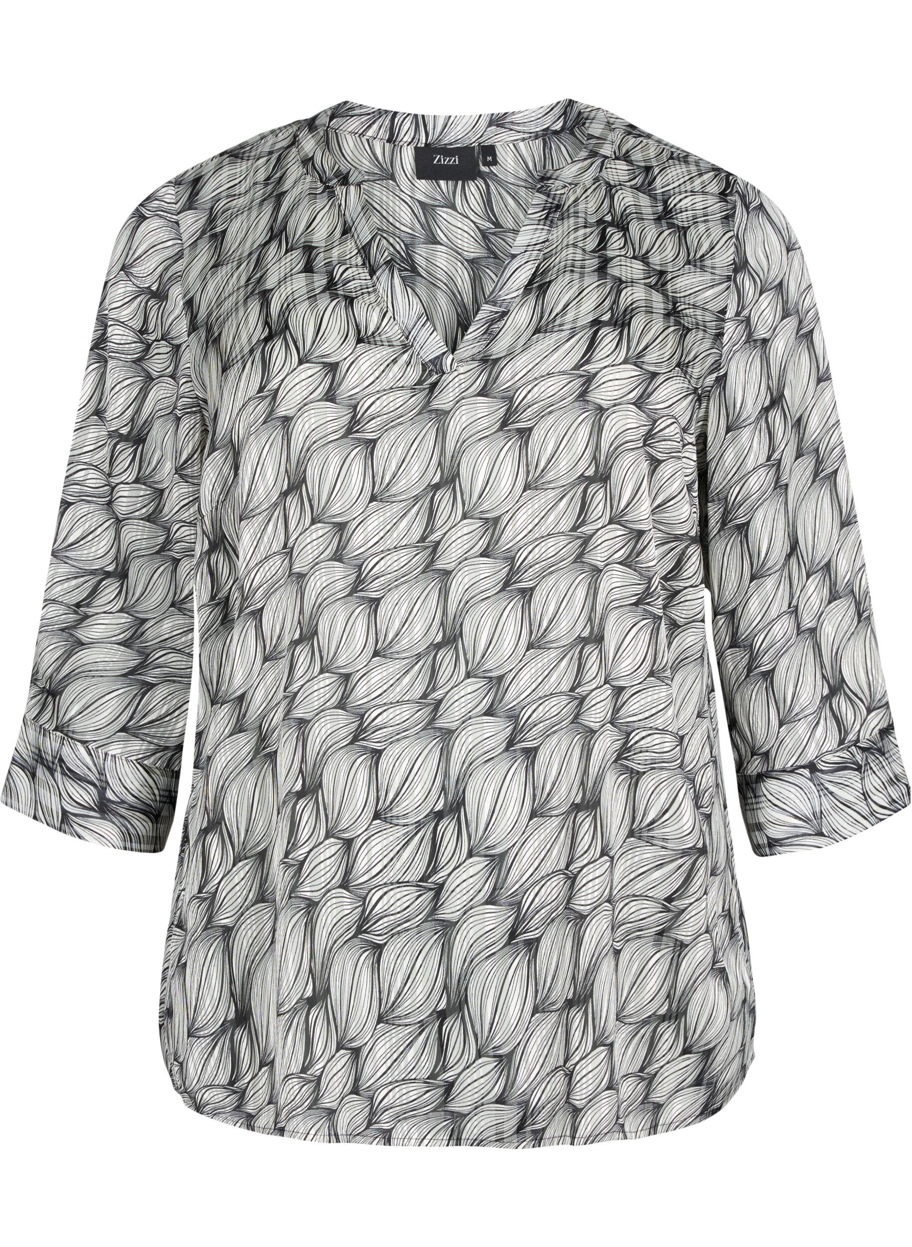 Zizzi Blouse avec imprim&eacute; et manches 3/4 , Black White Leaf, Packshot image number 0