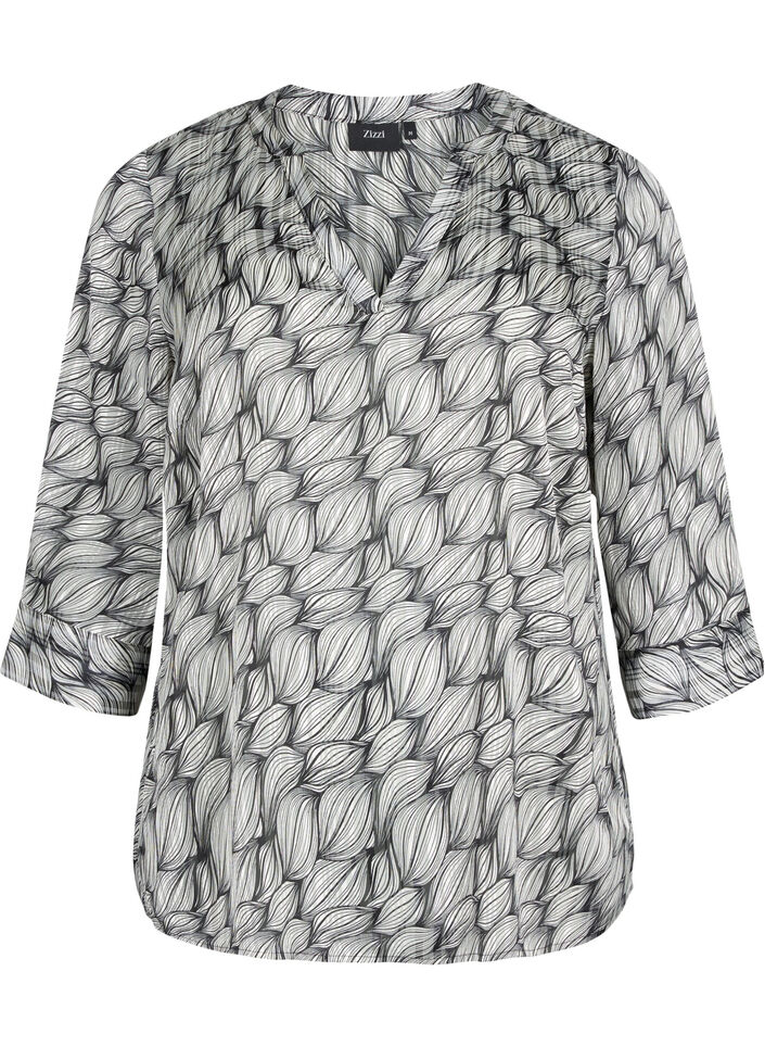 Blouse avec imprimé et manches 3/4 , Black White Leaf, Packshot image number 0