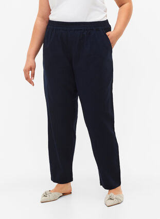 Pantalon en coton uni avec du lin, Navy Blazer, Model image number 2