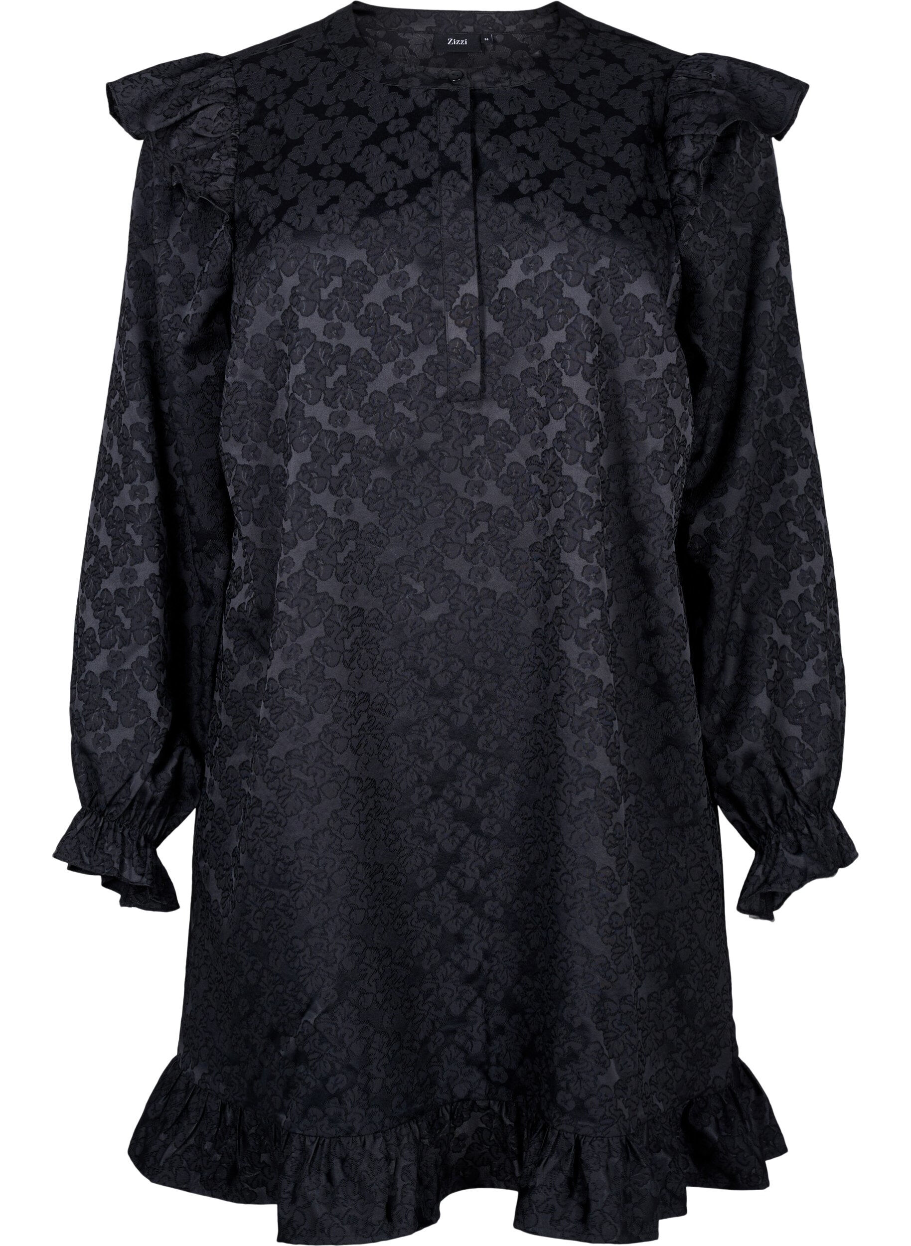 Zizzi Robe en jacquard avec des manches longues et des d&eacute;tails &agrave; volants, Noir, Packshot image number 0