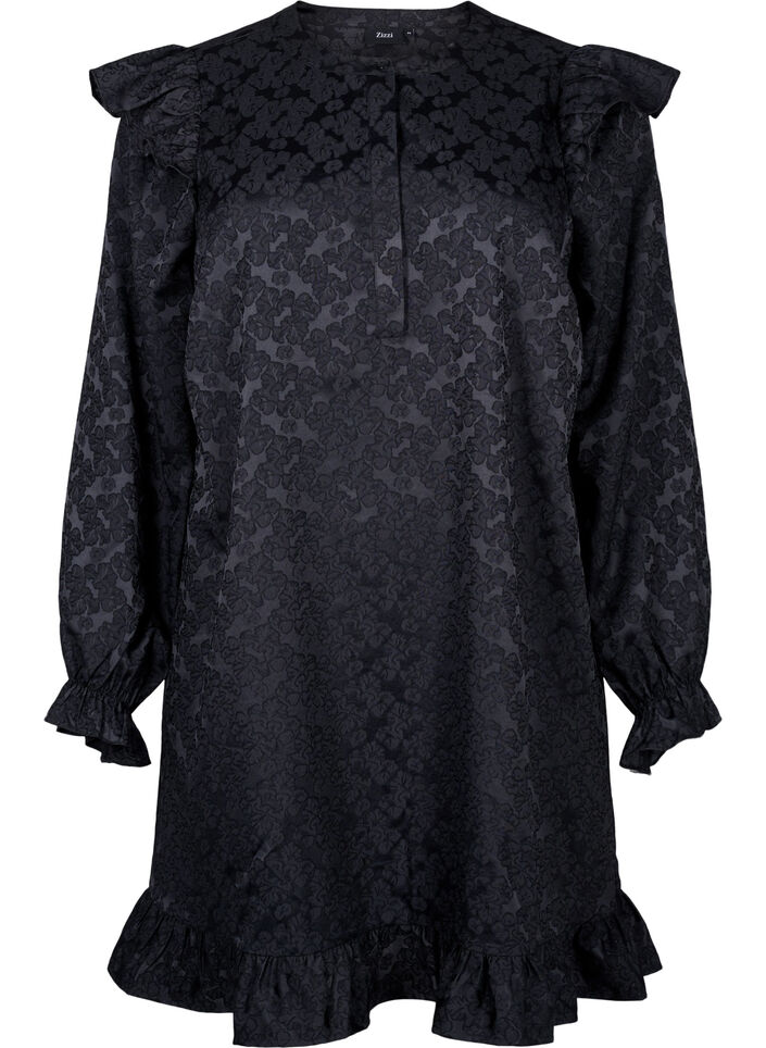 Robe en jacquard avec des manches longues et des détails à volants, Noir, Packshot image number 0