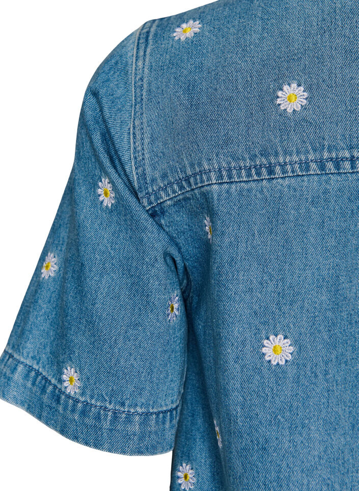 Robe courte en denim avec broderies florales, Bleu Clair, Packshot image number 3