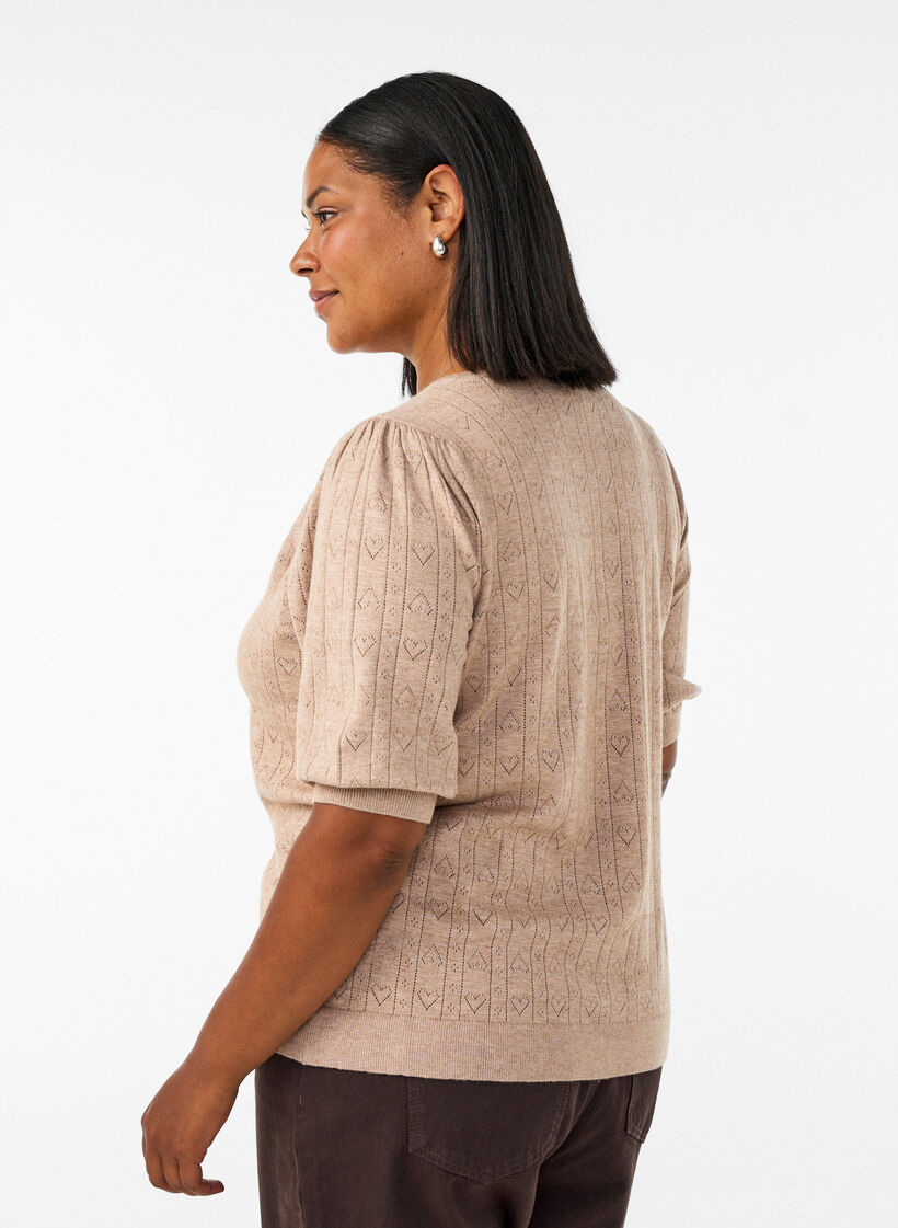 Blouse en maille pointelle &agrave; manches courtes, Beige, Model image number 2