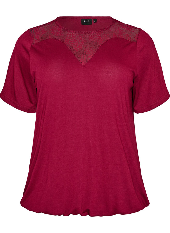 Blouse avec empi&egrave;cement en dentelle et manches ballon, Rouge, Packshot image number 0