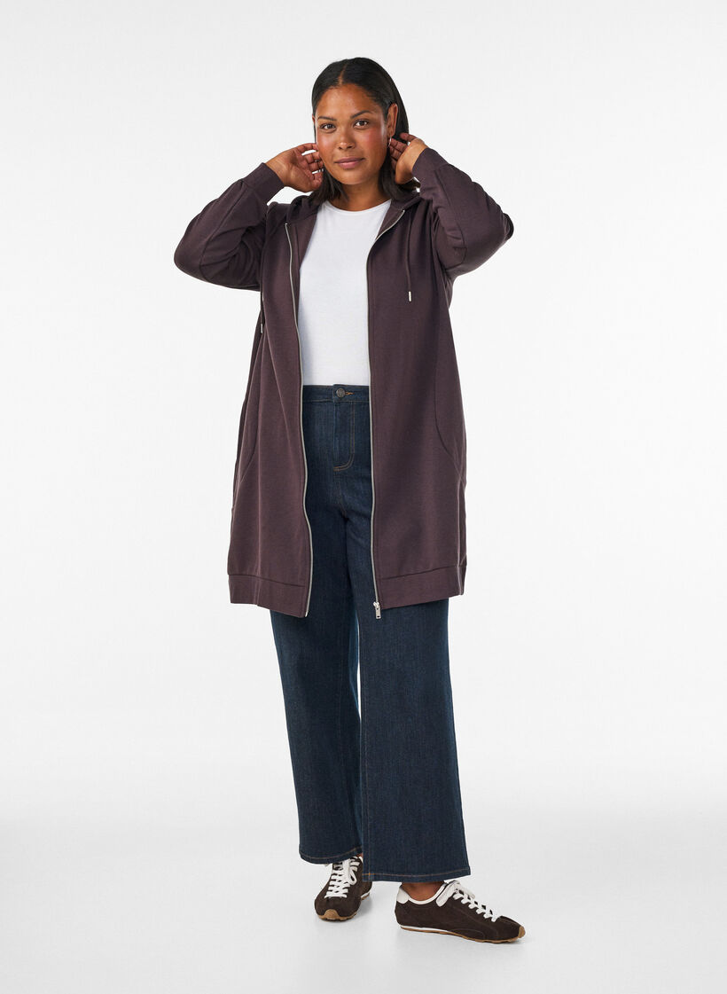 Sweat &agrave; capuche long avec zip et poches, Marron, Model image number 1