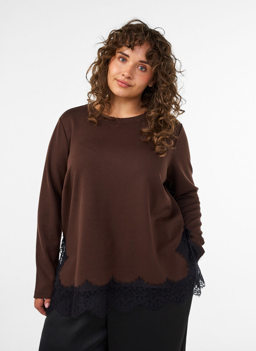 Blouse en jersey avec dentelle, Marron, Model image number 0