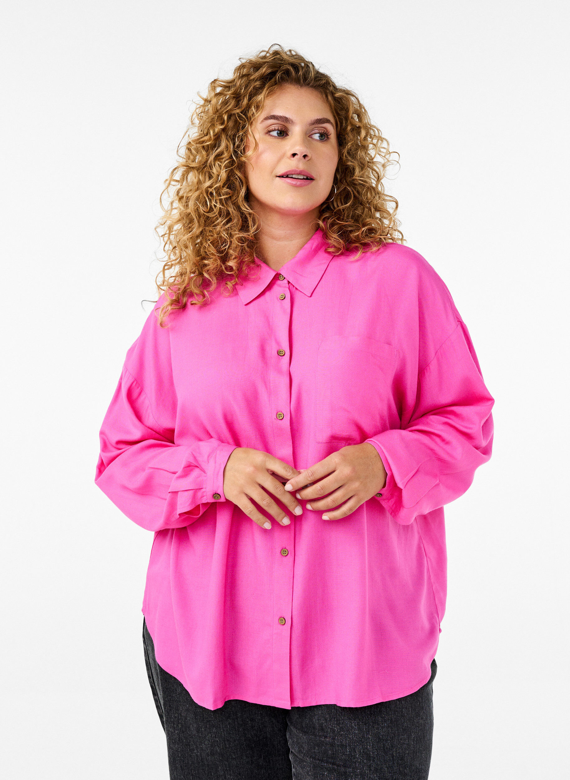 Chemise en tissu de lin et viscose &agrave; manches longues, Rose, Model