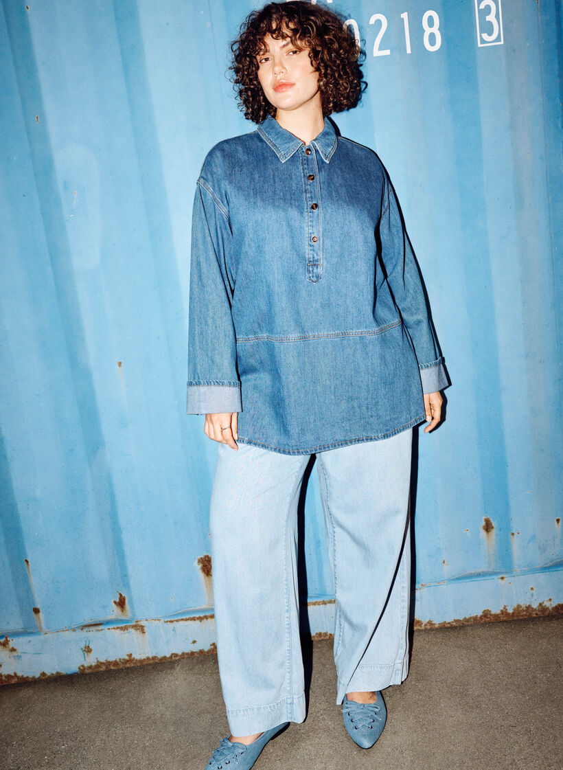 Jogger en jean taille haute &agrave; coupe ample, Bleu Clair, Image image number 0