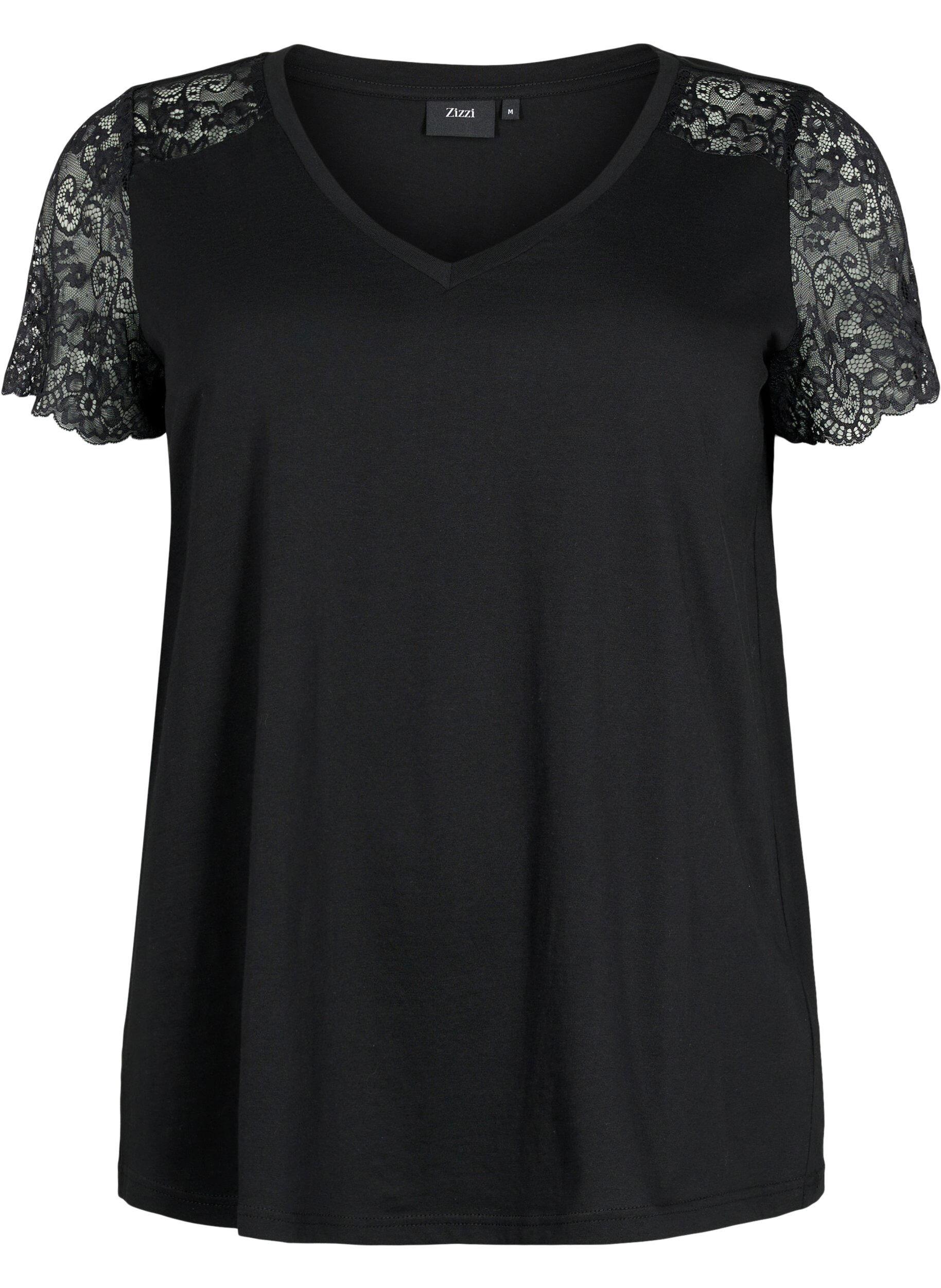 Zizzi T-shirt en coton avec manches courtes en dentelle, Noir, Packshot image number 0