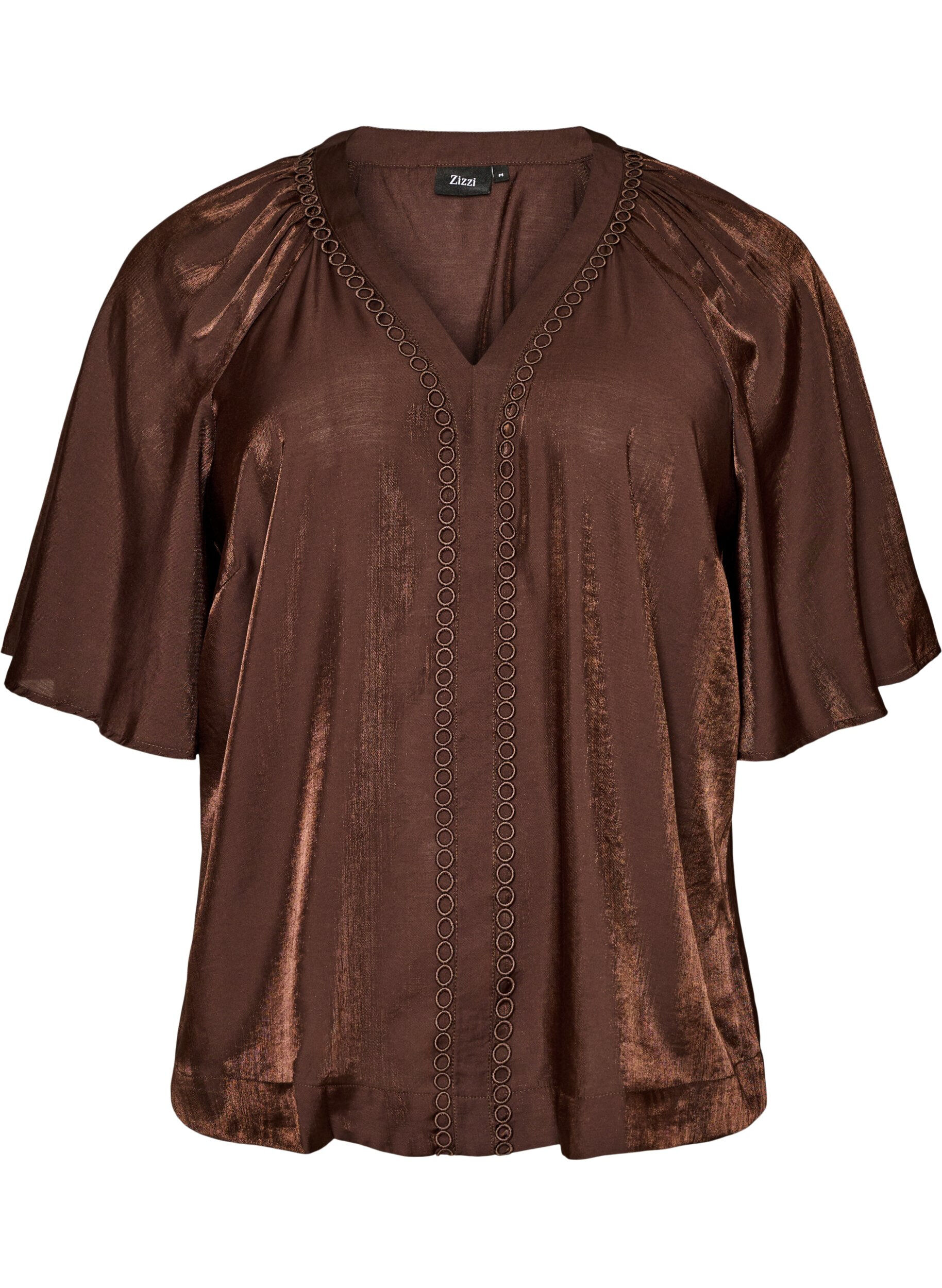 ZizziBlouse en viscose avec col en V et d&eacute;tails d&eacute;coratifs, Marron, Packshot image number 0