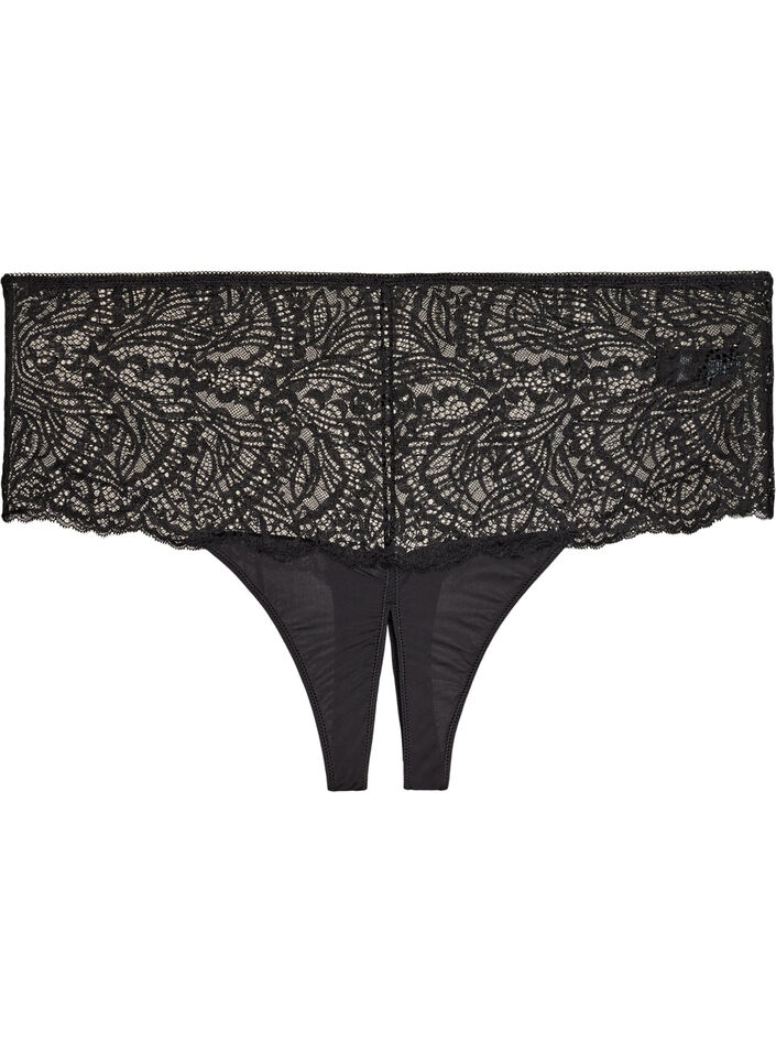 String hipster ouvert taille haute avec dentelle, Noir, Packshot image number 0