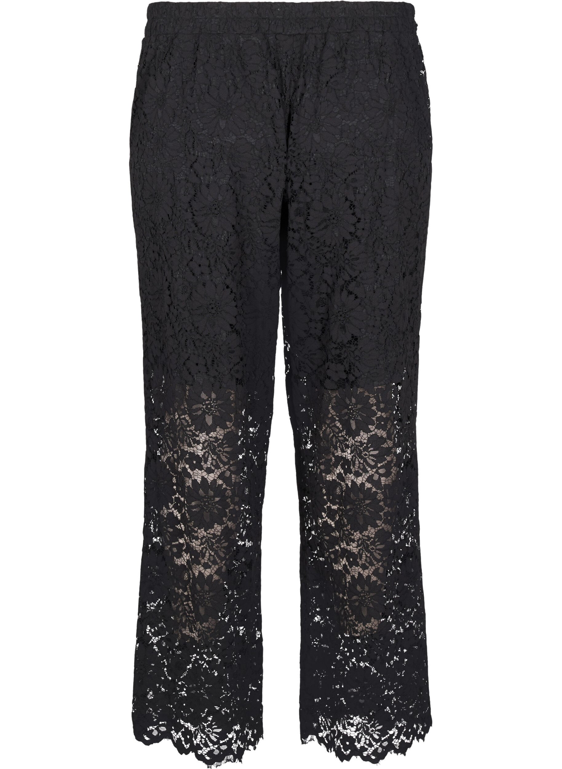 Zizzi Pantalon taille haute en dentelle et avec des poches, Noir, Packshot image number 1