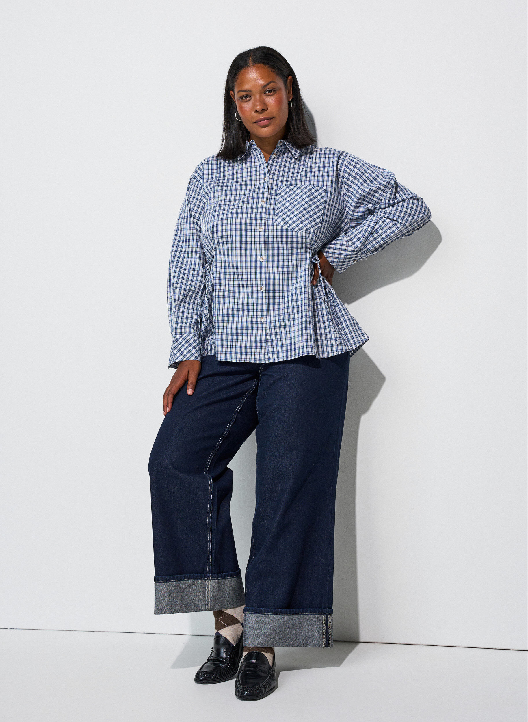 ZizziChemise ample &agrave; carreaux avec ceinture &agrave; nouer, Bleu, Model image number 1