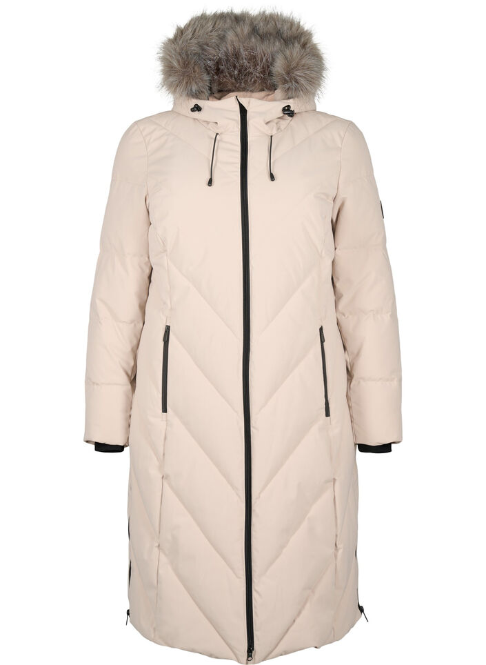 Long manteau d'hiver &agrave; fermeture &agrave; attaches et col en fausse fourrure, Beige, Packshot image number 0