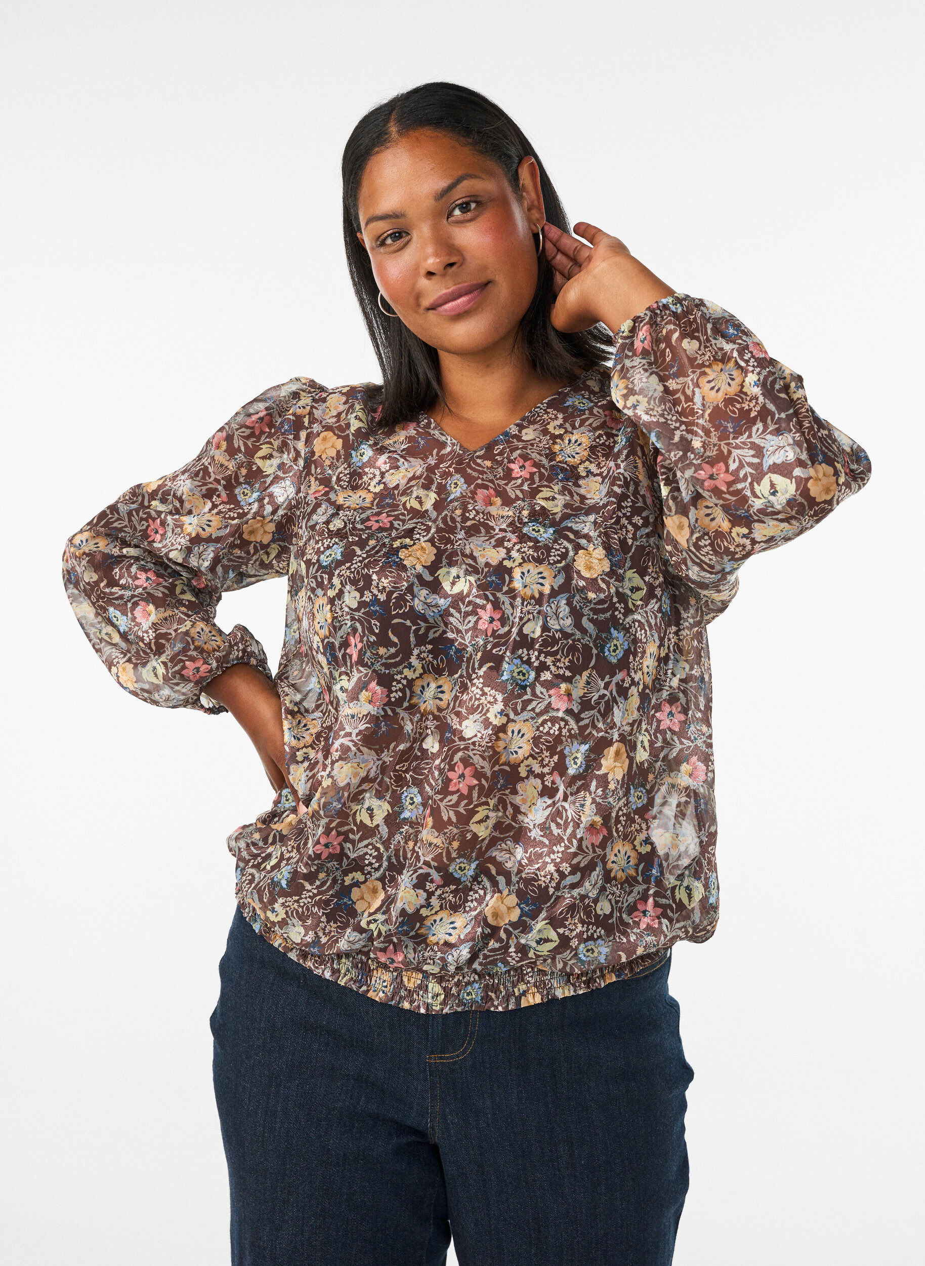 ZizziBlouse &agrave; imprim&eacute; floral et manches ballon, Marron, Model image number 0
