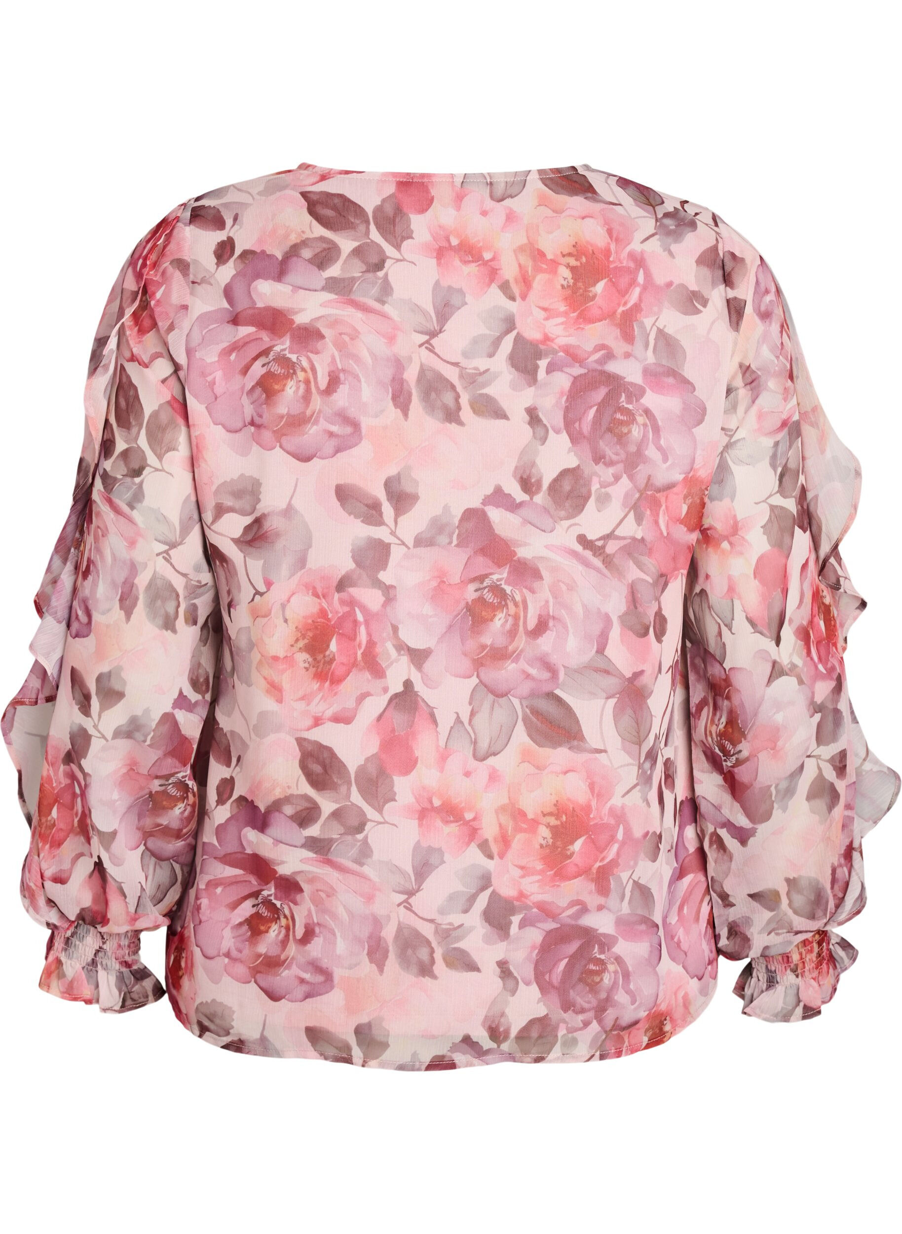 Zizzi Blouse fleurie avec col en V et manches &agrave; volants, Rose, Packshot image number 1