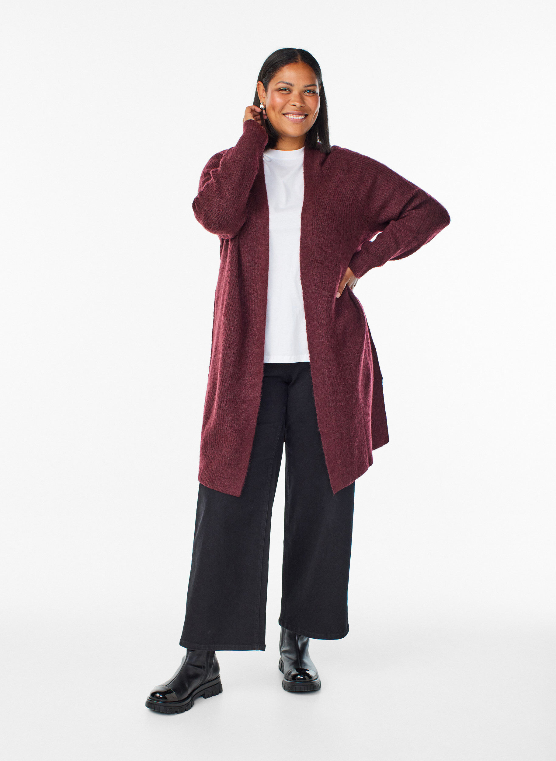 Zizzi FLASH - Cardigan long c&ocirc;tel&eacute; sans fermeture, Bordeaux, Model image number 1