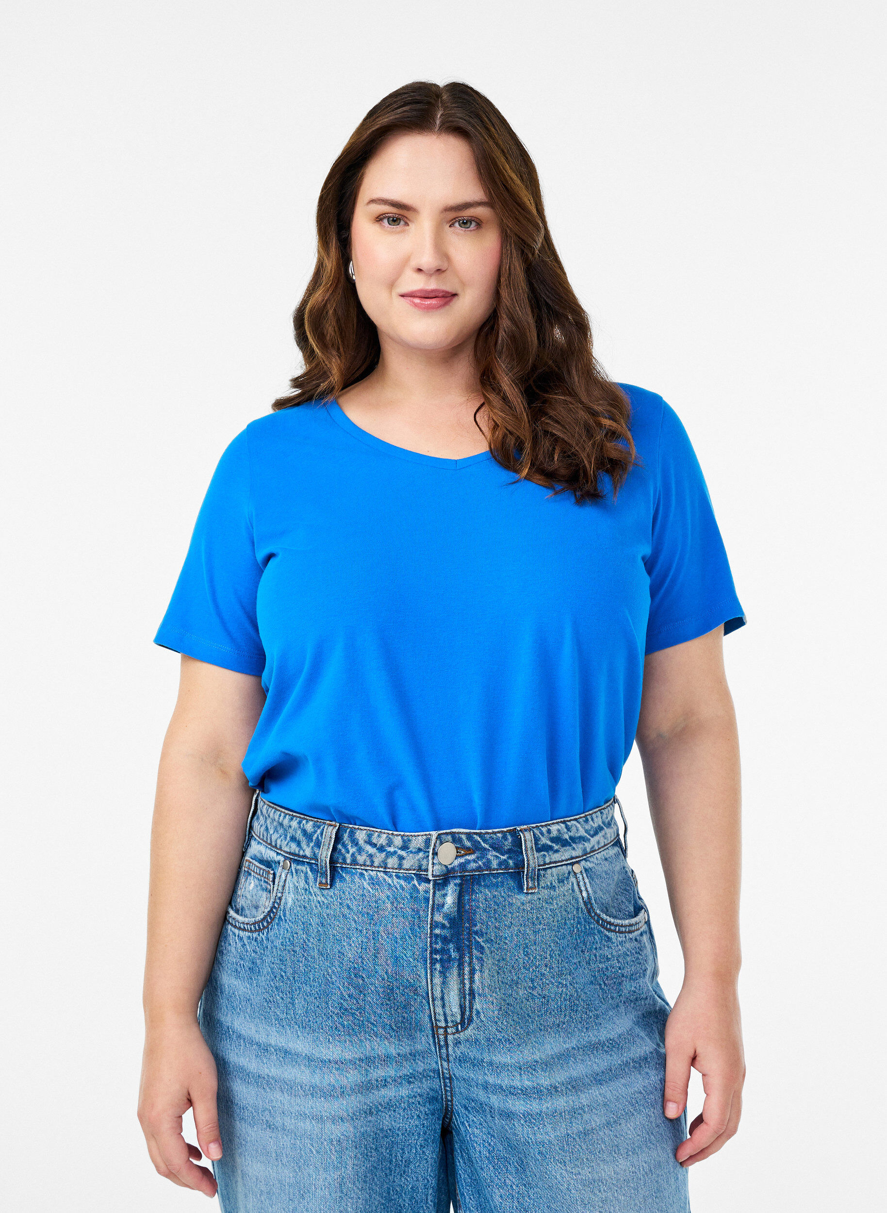 T-shirt en coton uni basique, Bleu, Model
