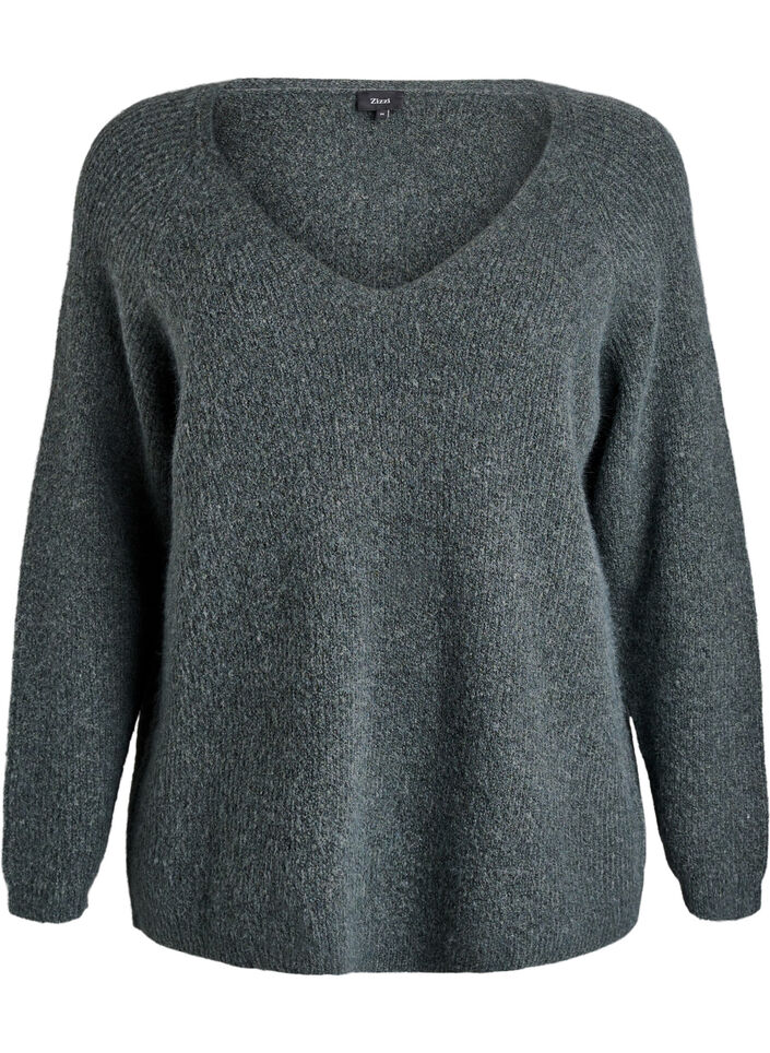 Blouse en maille &agrave; col V et manches raglan, Vert fonc&eacute;, Packshot image number 0