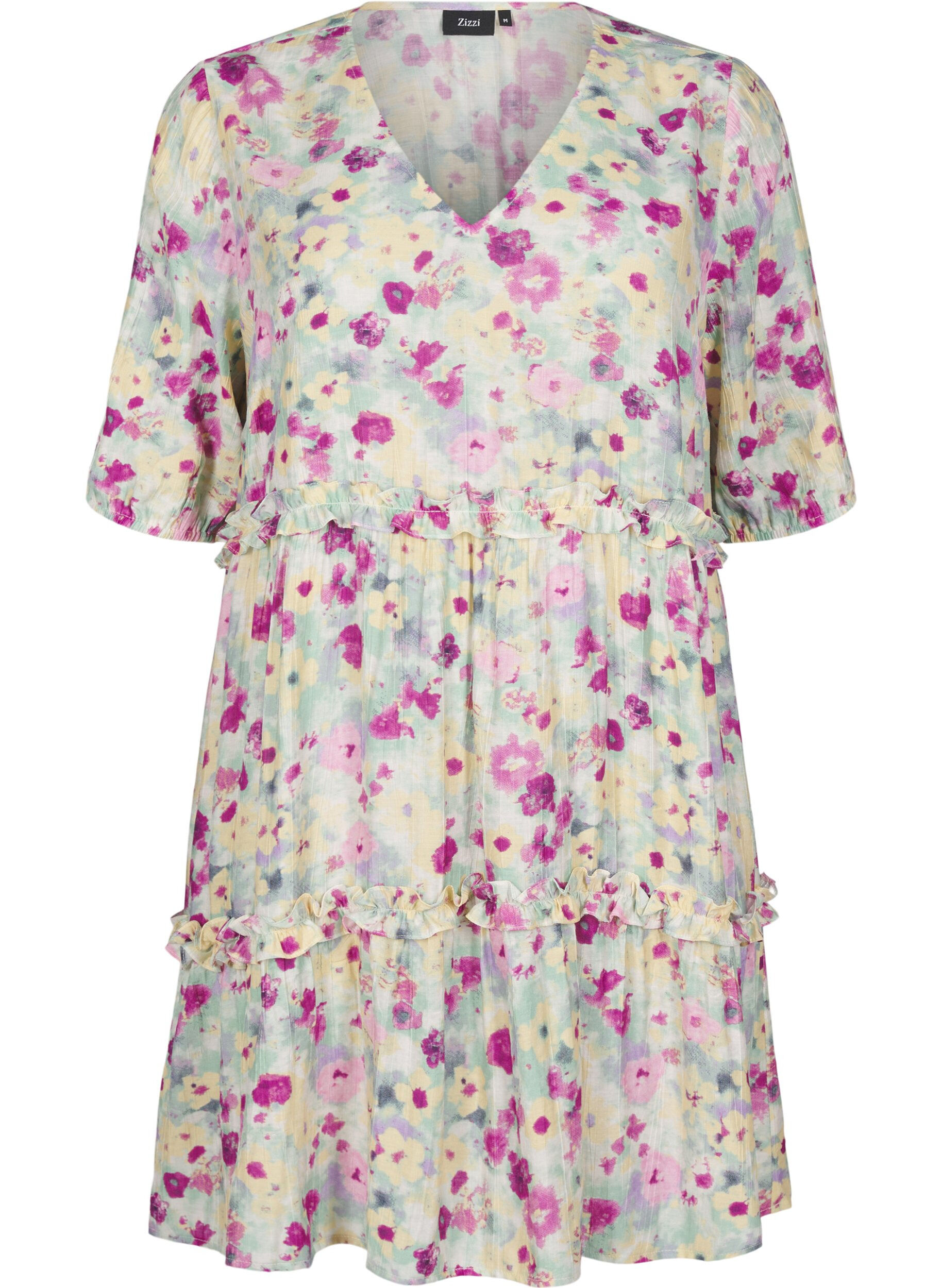 Zizzi Robe d'&eacute;t&eacute; courte &agrave; imprim&eacute; floral, Vanille, Packshot image number 0