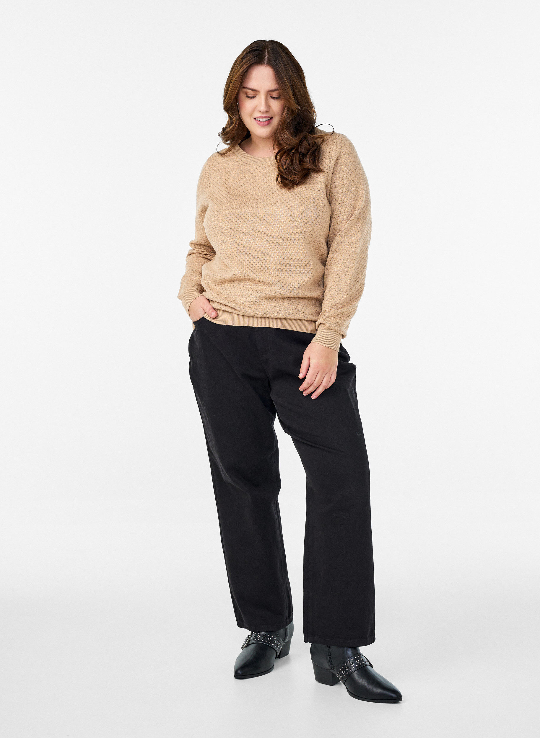 Zizzi Blouse en maille de coton &agrave; motif textur&eacute;, Beige, Model image number 1