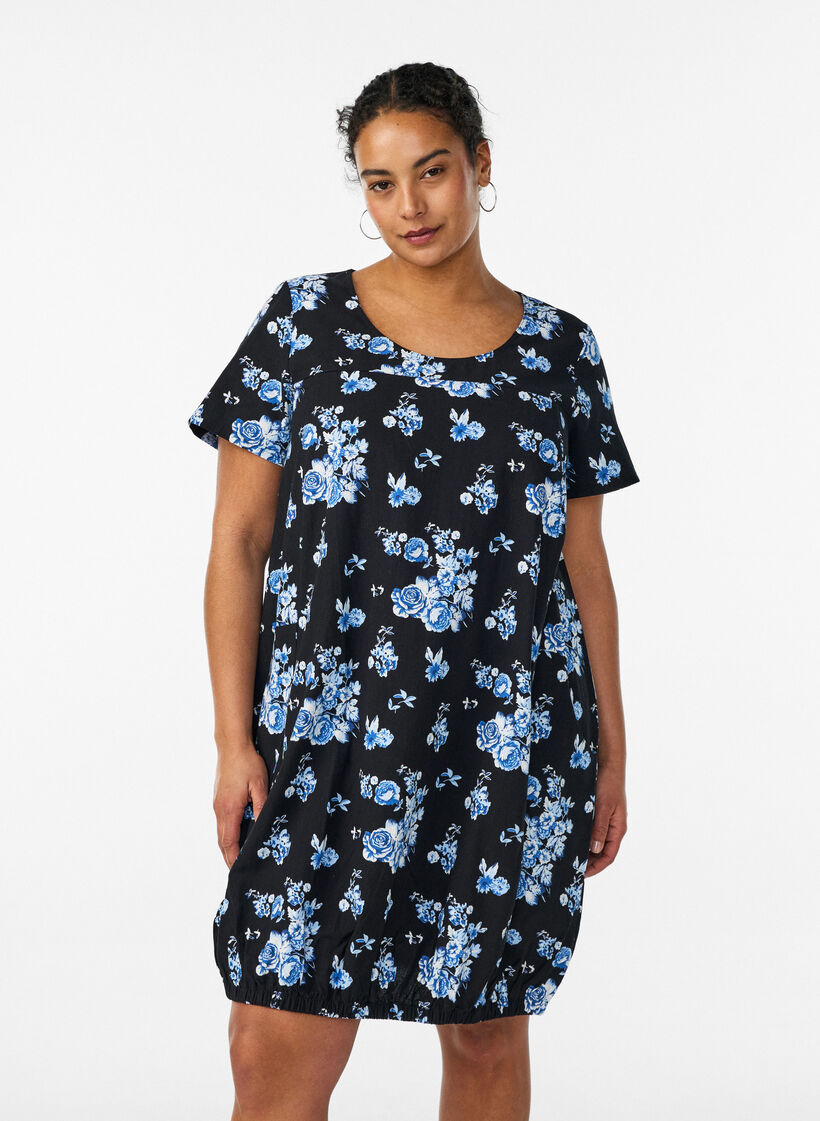 Robe en coton &agrave; manches courtes avec imprim&eacute;, Noir, Model image number 0