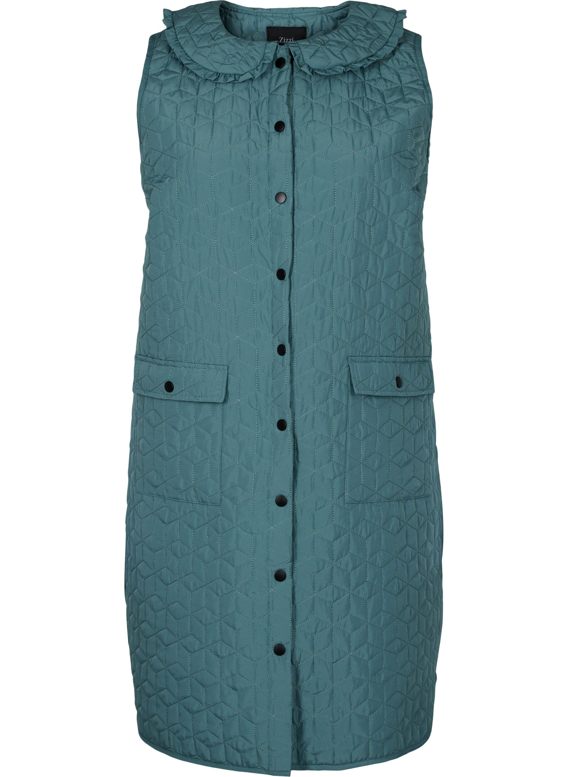 Zizzi Gilet long matelass&eacute; avec col et volants, Sagebrush Green, Packshot image number 0